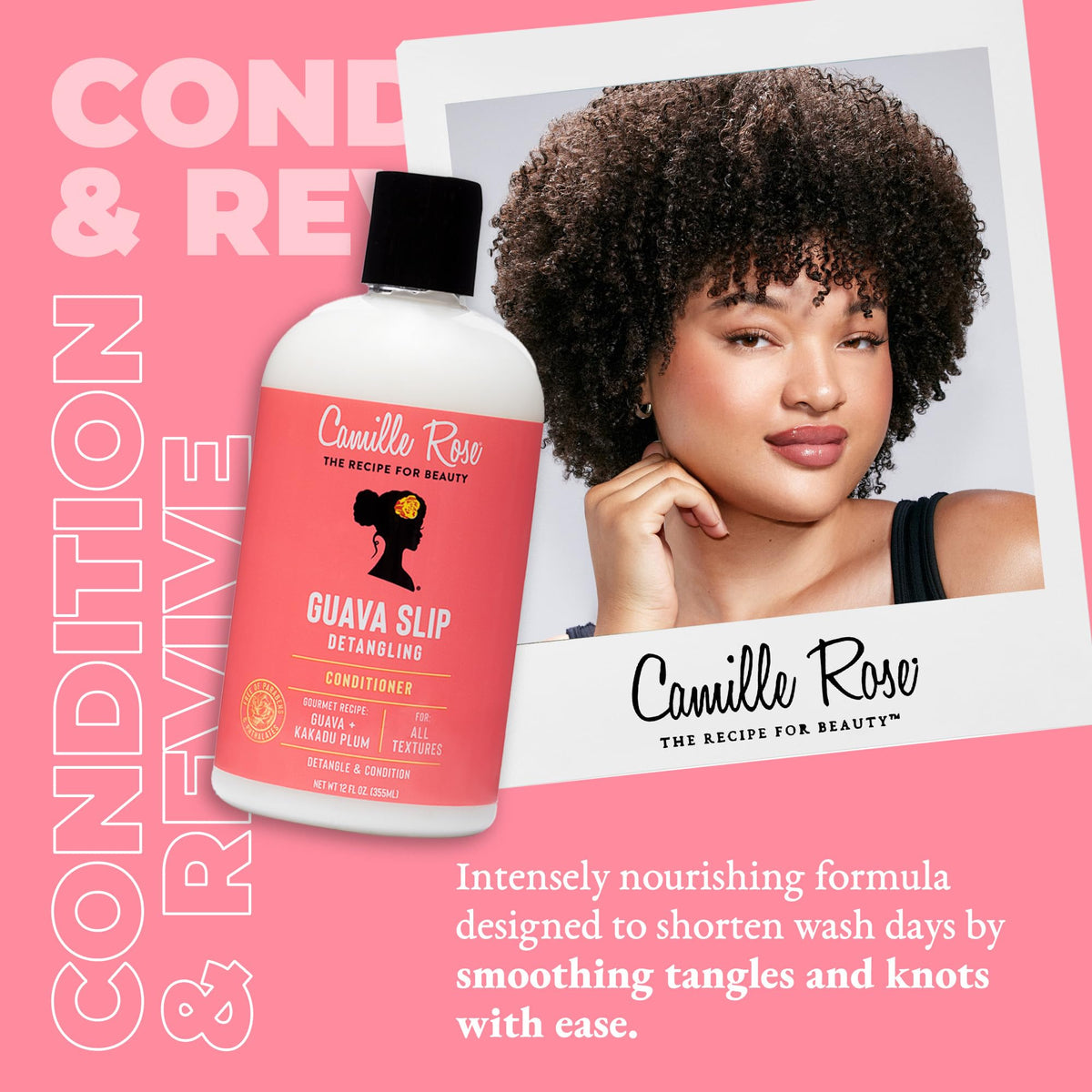 Camille Rose pump dispenser and label close-up highlighting ingredient callouts