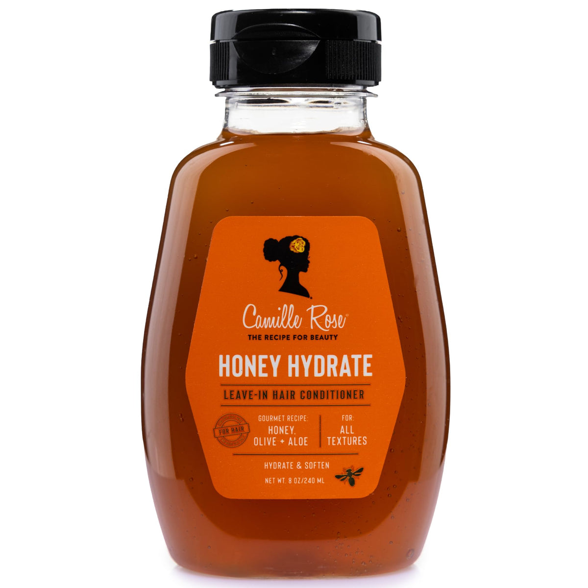 Camille Rose Honey Hydrate front bottle showing label and honey scent for soft hair