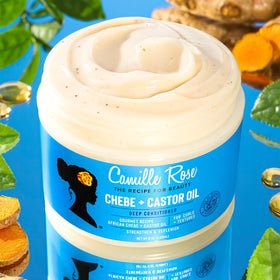 Camille Rose Chebe powder and ingredients arrangement highlighting traditional strengthening benefit