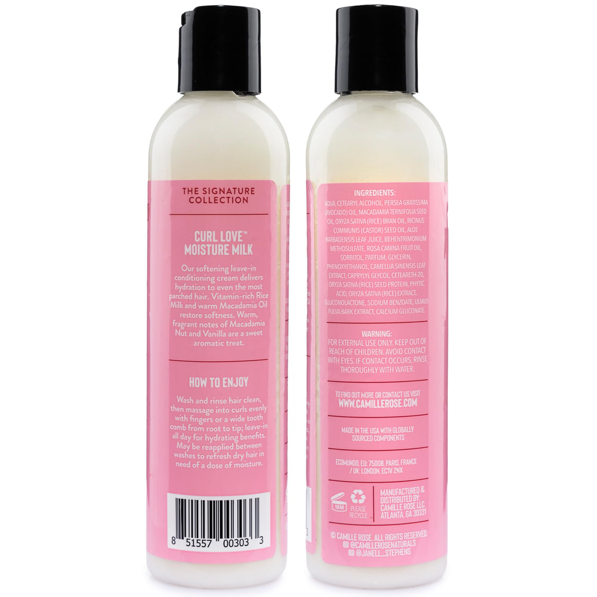 Camille Rose pump and label close-up highlighting ingredients and directions