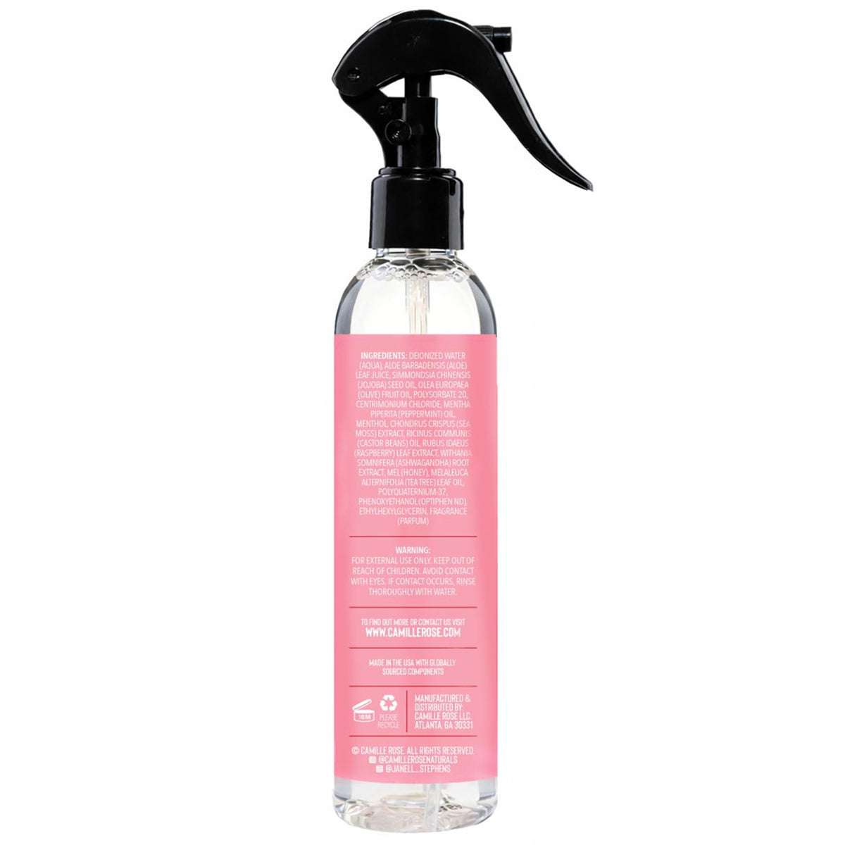 Camille Rose mist close-up spraying fine texture for lightweight hydration