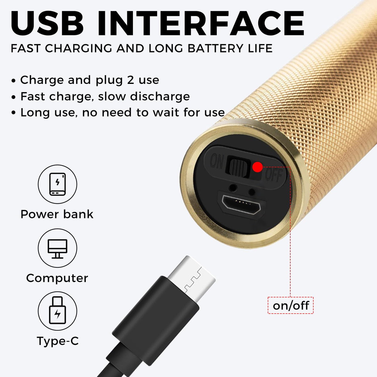candyfouse USB‑C charging port view emphasizing travel‑friendly recharge