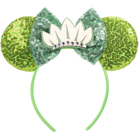 CANMIL frog-green headband front view showing full ears and bow sparkle