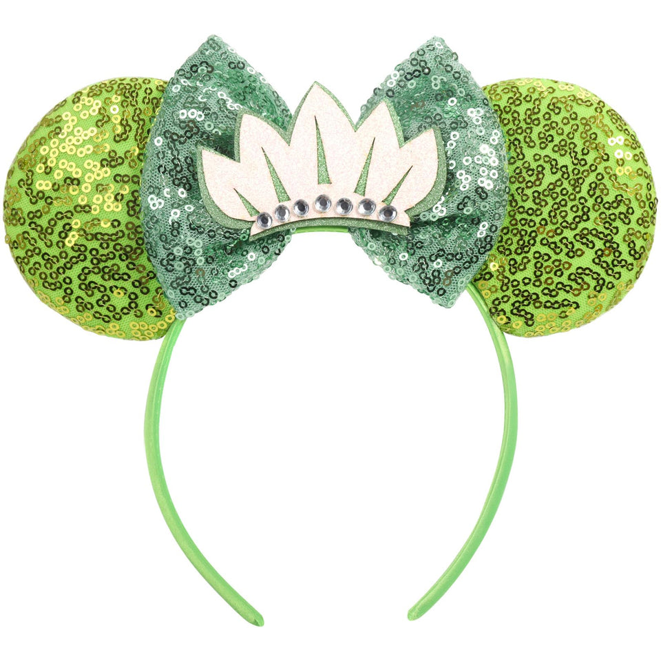 CANMIL frog-green headband front view showing full ears and bow sparkle