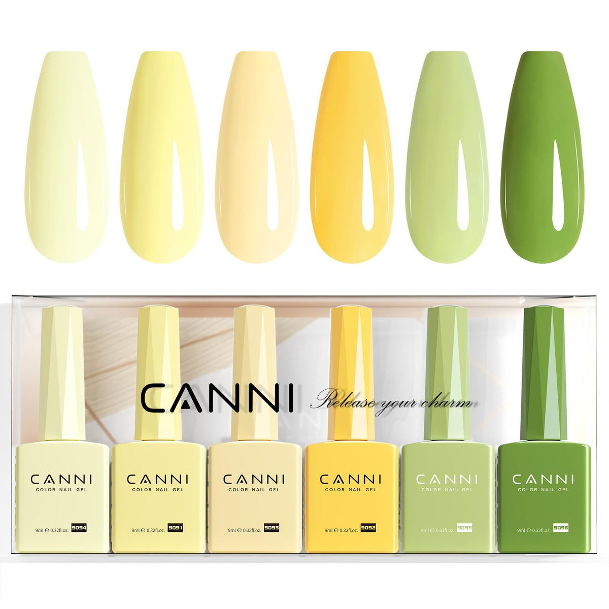 CANNI front packaging showing six pastel gel bottles and neat display benefit