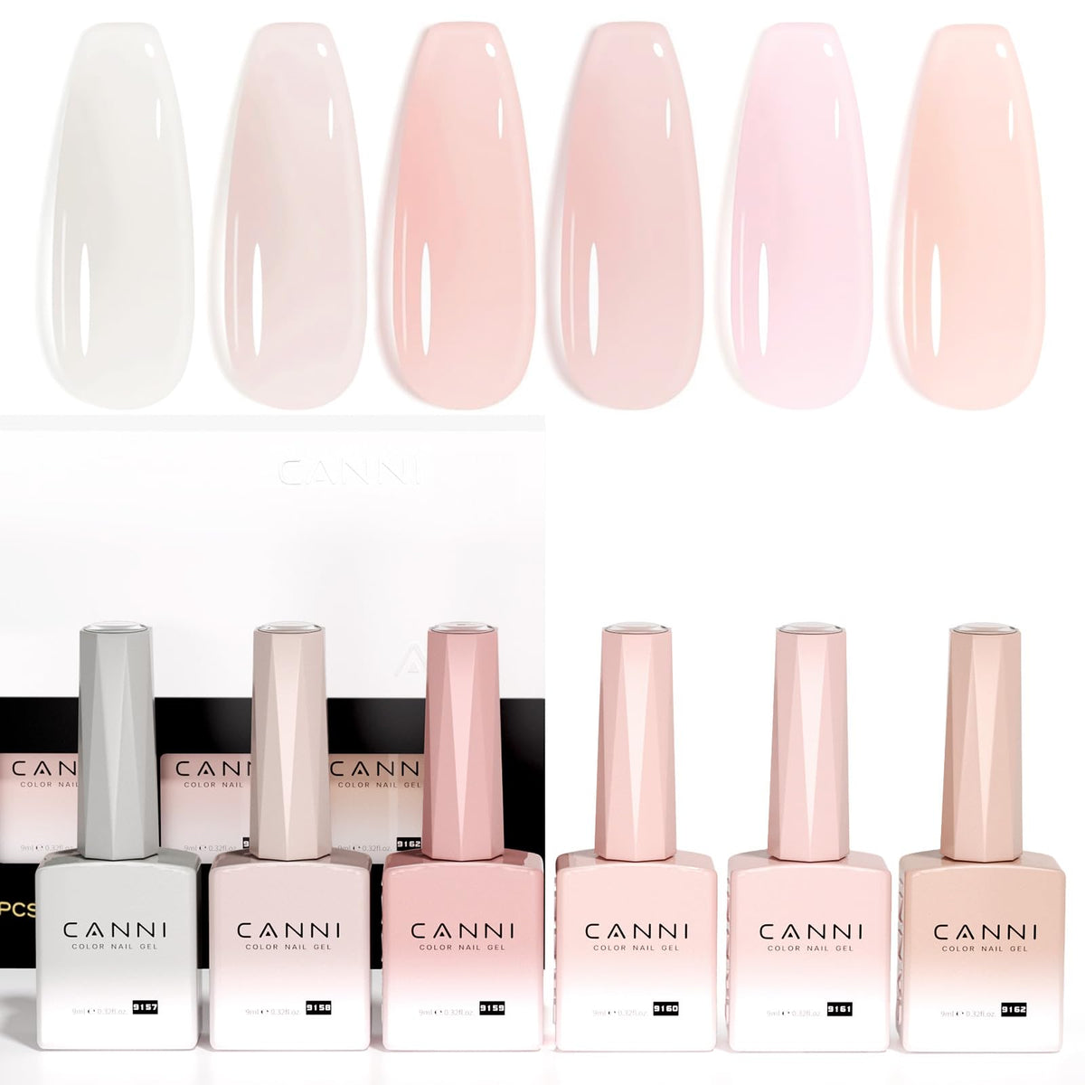 CANNI front packaging showing six neutral jelly pink bottles, demonstrates kit variety