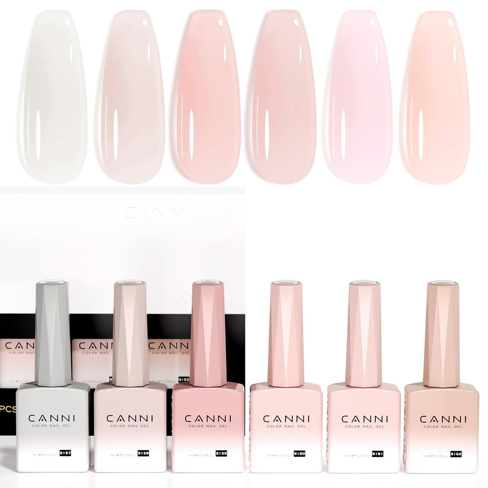 CANNI front packaging showing six neutral jelly pink bottles, demonstrates kit variety