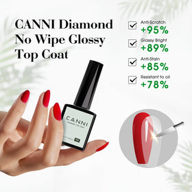 CANNI no-wipe top coat bottle close-up highlighting glossy, non-tacky finish benefit