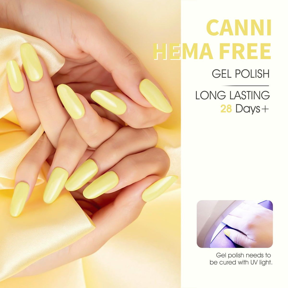 CANNI swatches on nail tips demonstrating pastel yellow payoff benefit