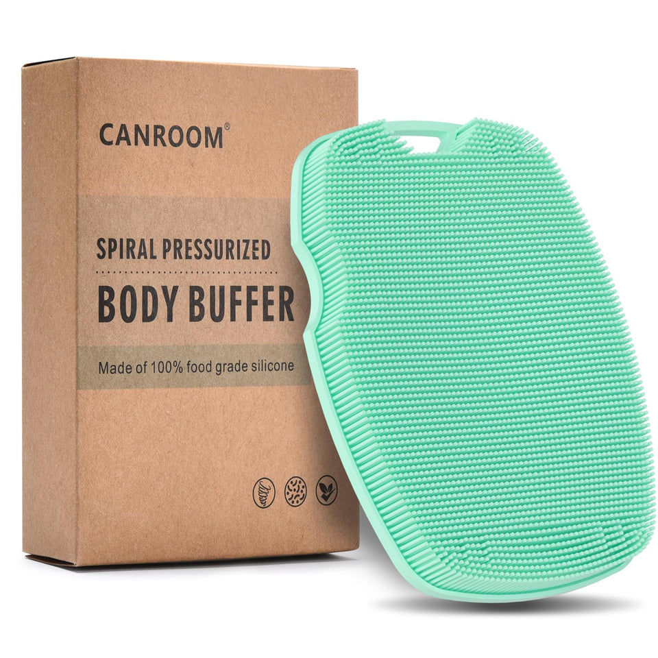 canroom front view of green silicone scrubber showing compact shape and grip benefits