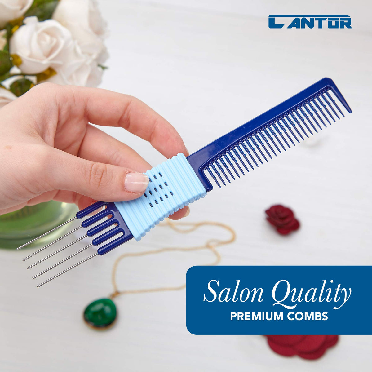 Cantor comb in stylist's hand lifting hair for volume and salon-quality finish