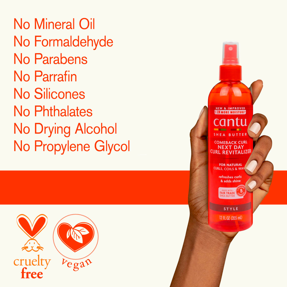 Cantu bottle in hand illustrating 12 fl oz size and portability