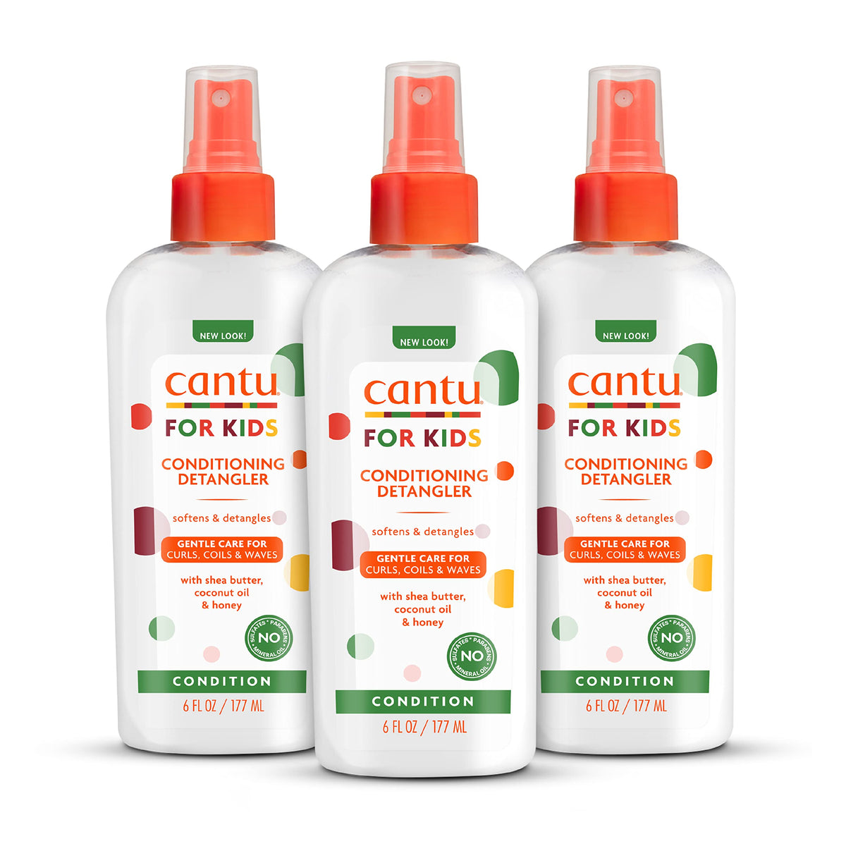 Cantu front packaging showing 6 fl oz bottle and pack of three benefits