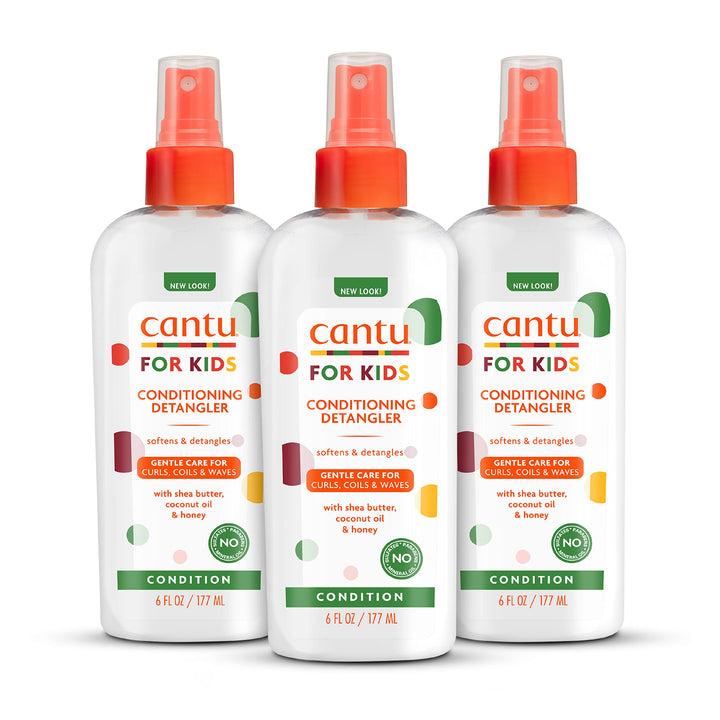 Cantu front packaging showing 6 fl oz bottle and pack of three benefits