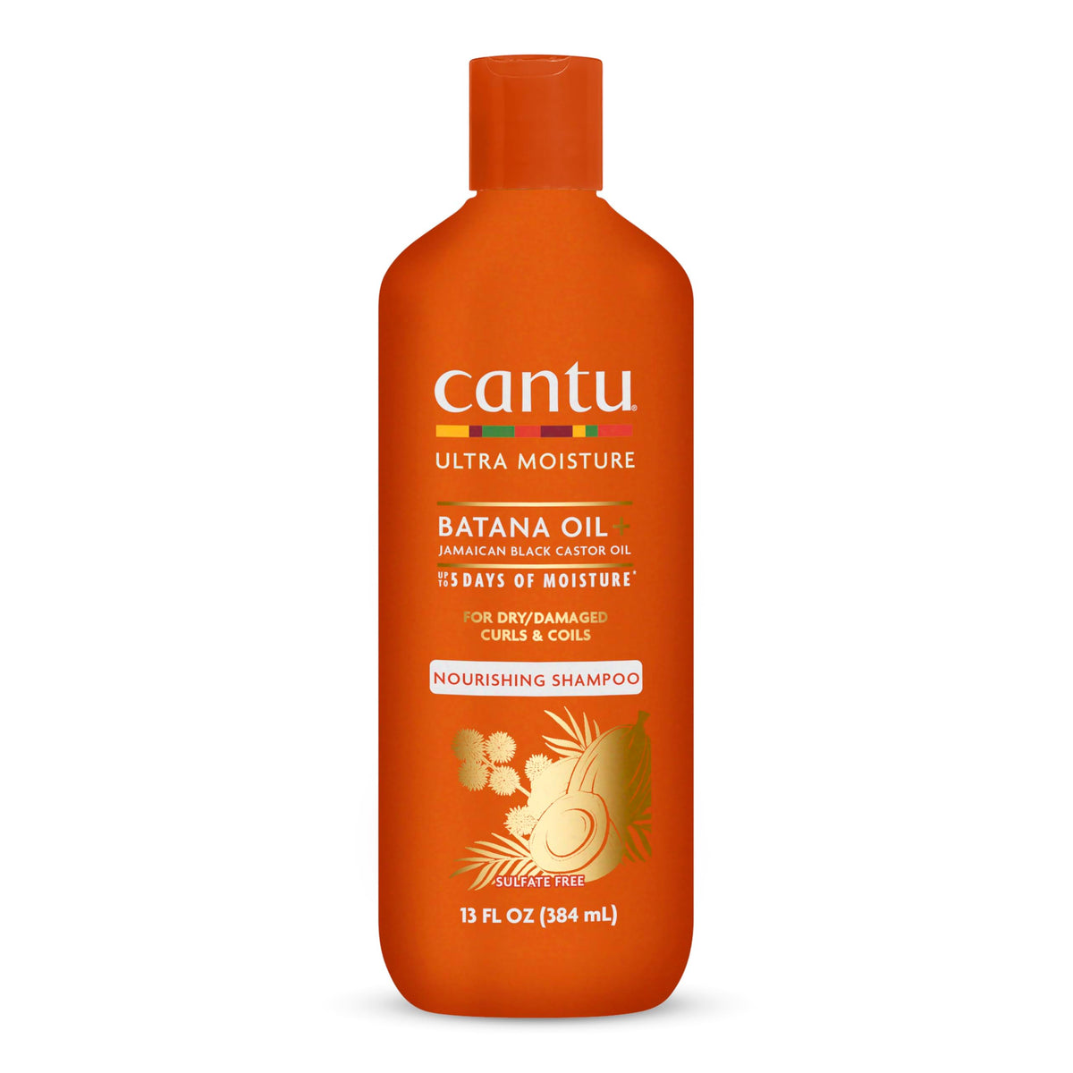 Cantu front bottle showing Ultra Moisture Shampoo and clear brand benefit