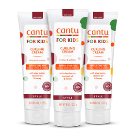 Cantu front packaging showing Care for Kids curling cream and clear purpose