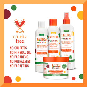 Caregiver applying Cantu detangler on child's hair for smoother styling
