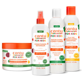 Cantu front packaging showing full four-piece kids haircare set and benefits