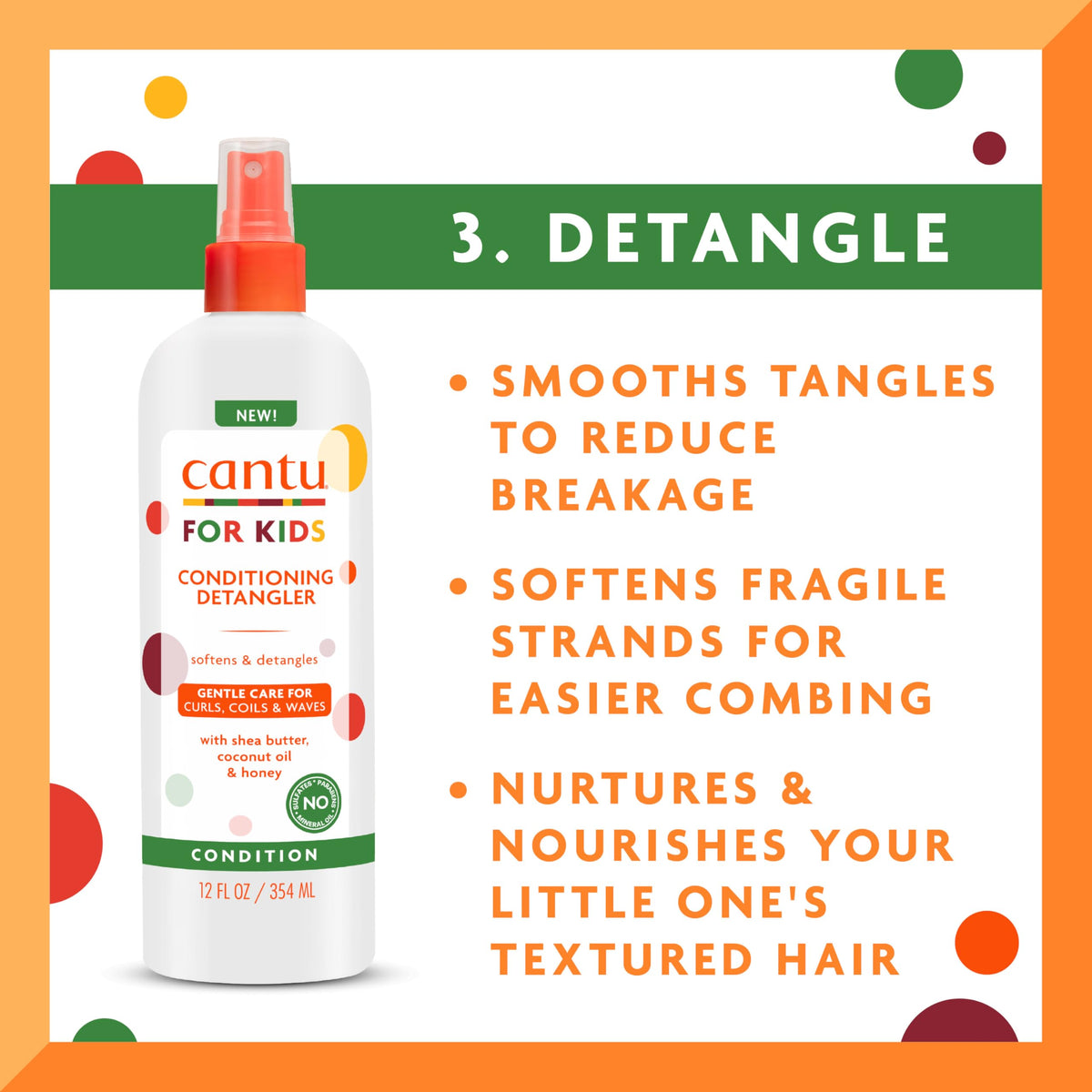 Cantu leave-in bottle label close-up highlighting lasting moisture benefit