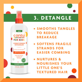 Cantu leave-in bottle label close-up highlighting lasting moisture benefit