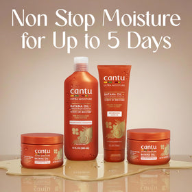 Cantu on bathroom shelf styled to show daily routine and styling benefit