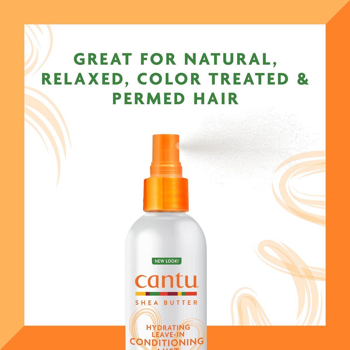 Cantu mist on hair close-up showing lightweight hydration and shine benefit