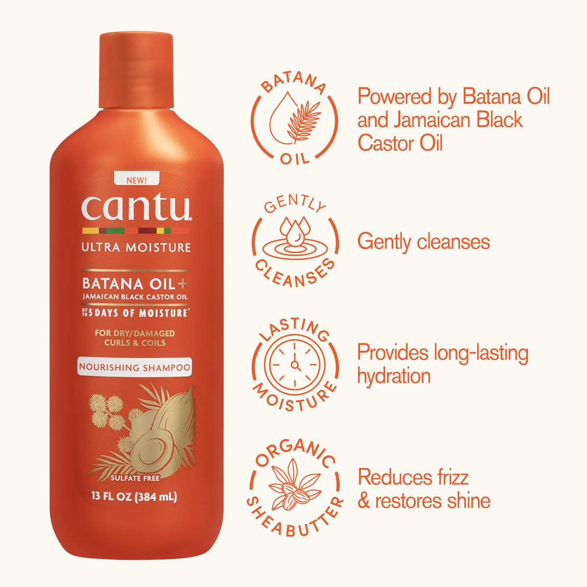 Cantu label close-up highlighting ingredients and clean formulation benefits