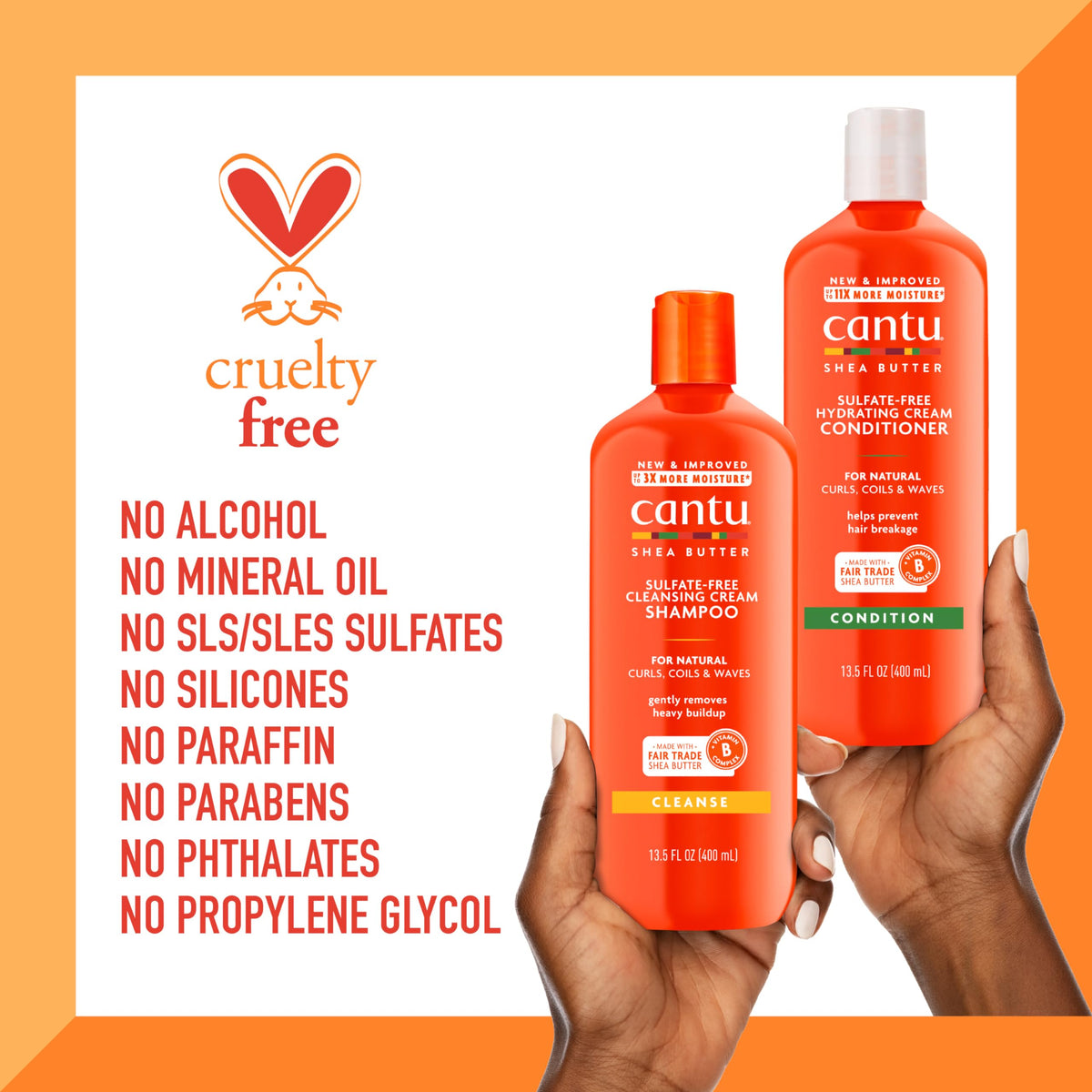 Cantu bottles next to hand for scale and product size clarity