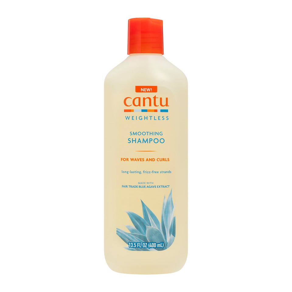 Cantu front bottle view highlighting lightweight formula for softer, frizz-reduced waves