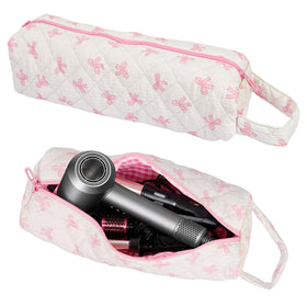 Canumer front view of pink organizer bag showing bow pattern and compact design for travel