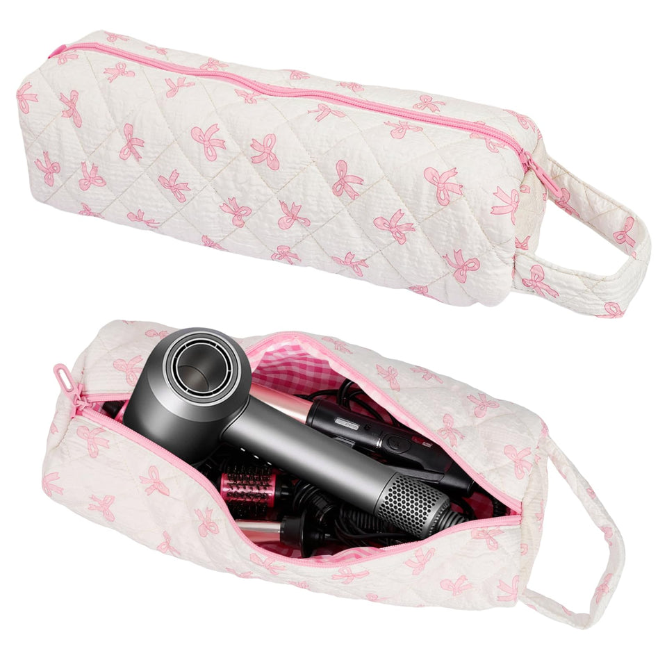 Canumer front view of pink organizer bag showing bow pattern and compact design for travel