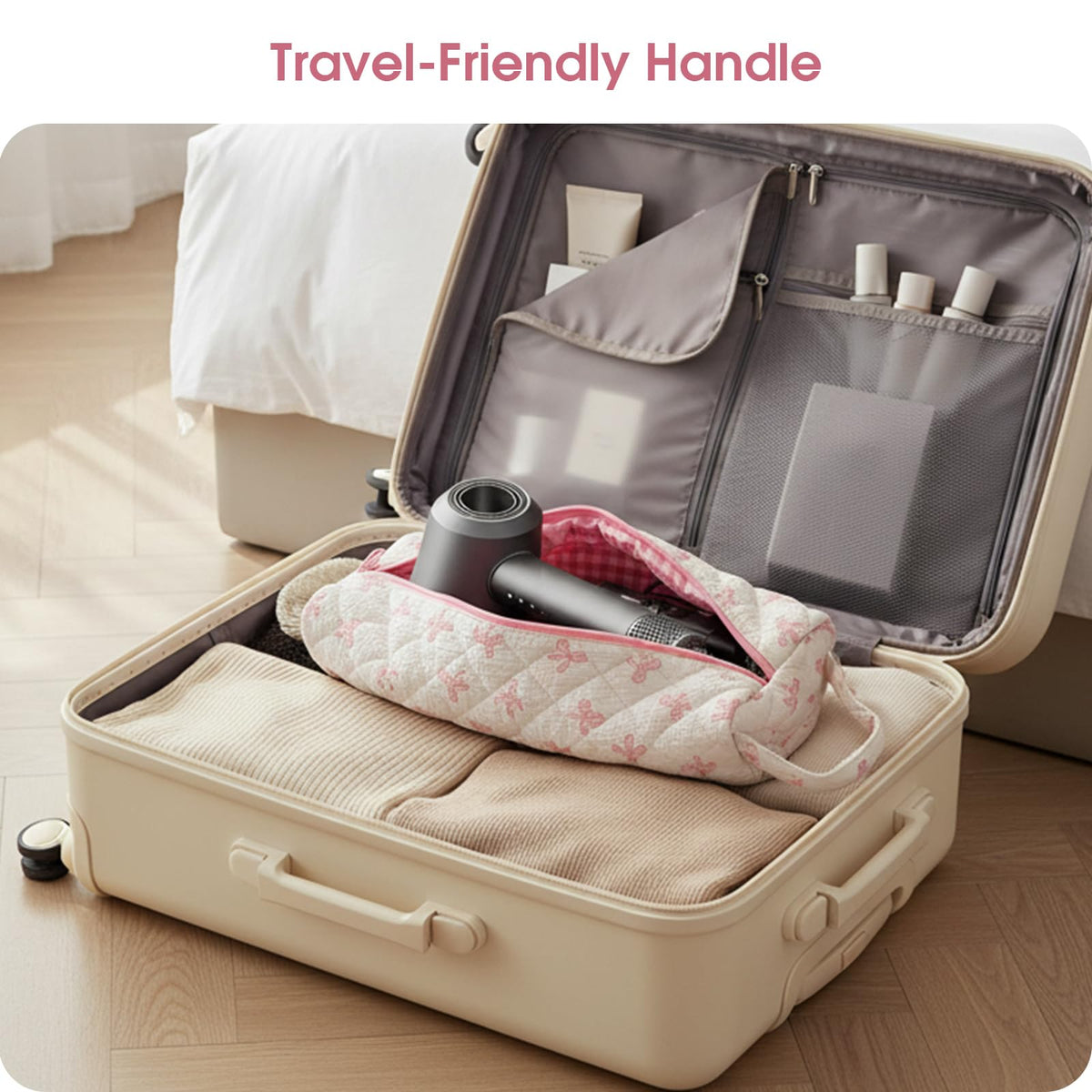Canumer gift-ready bow-pattern bag staged on vanity as an attractive present