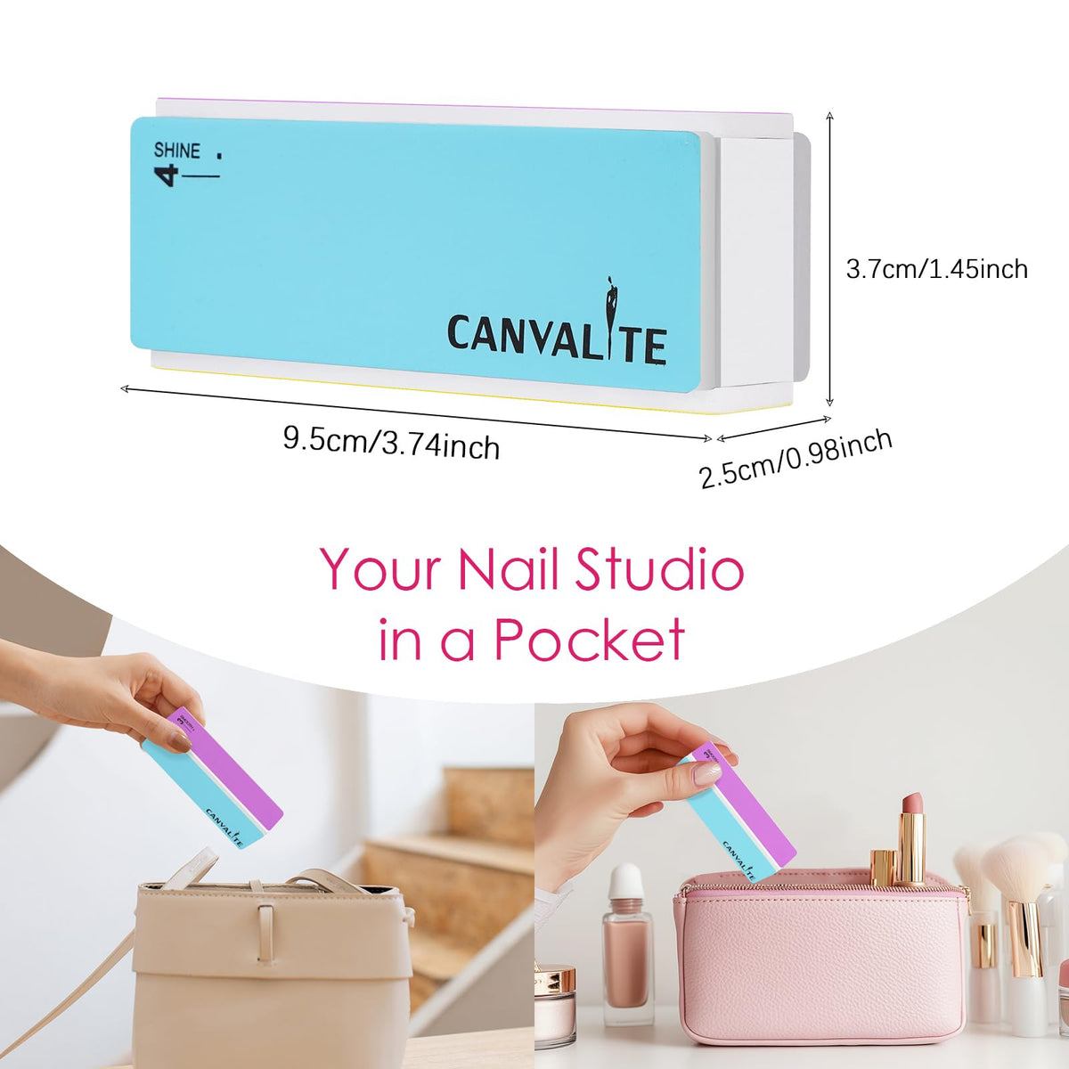 CANVALITE travel pouch with tools staged for easy on-the-go nail maintenance
