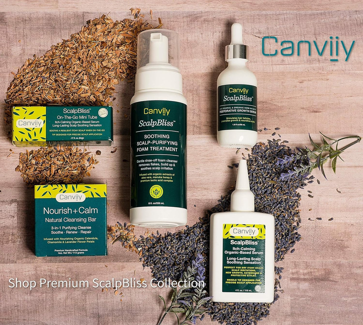 Canviiy ScalpBliss on a bathroom shelf among botanicals conveying organic-based care