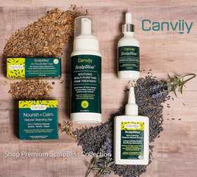 Canviiy ScalpBliss on a bathroom shelf among botanicals conveying organic-based care