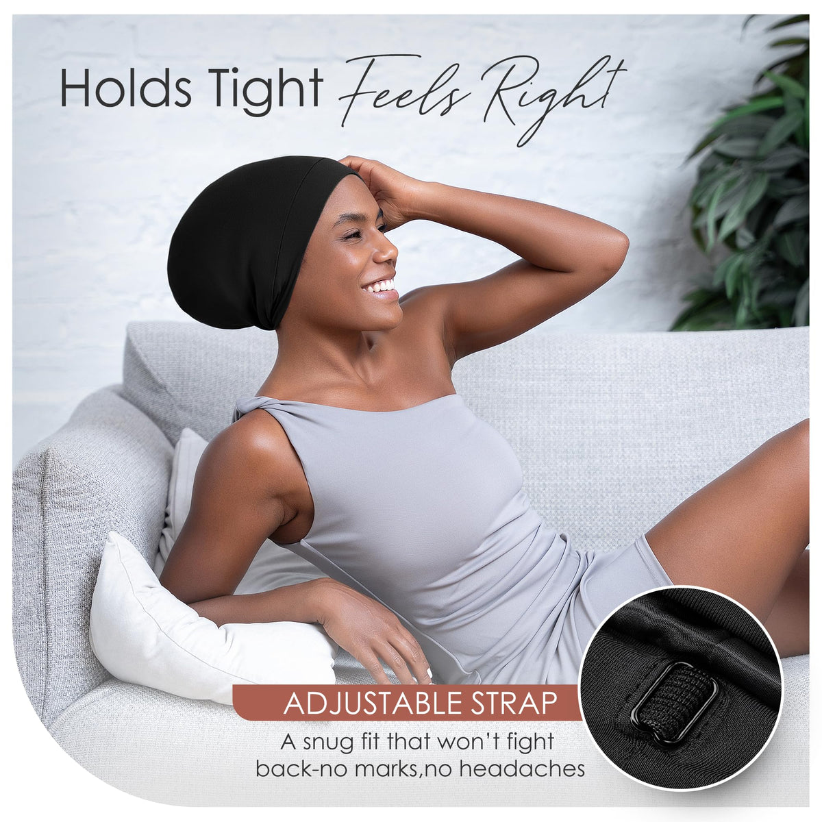 CAPLORD beanie worn on curly hair demonstrating secure, comfortable hold