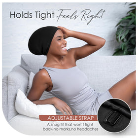 CAPLORD beanie worn on curly hair demonstrating secure, comfortable hold