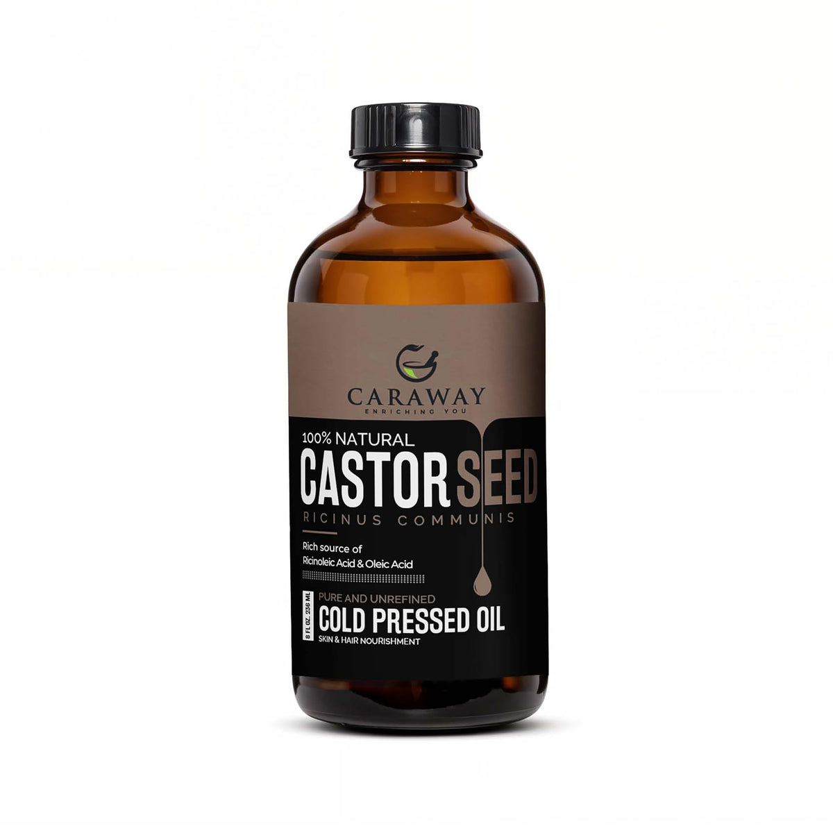 CARAWAY front packaging glass bottle showing pure edible castor oil benefits