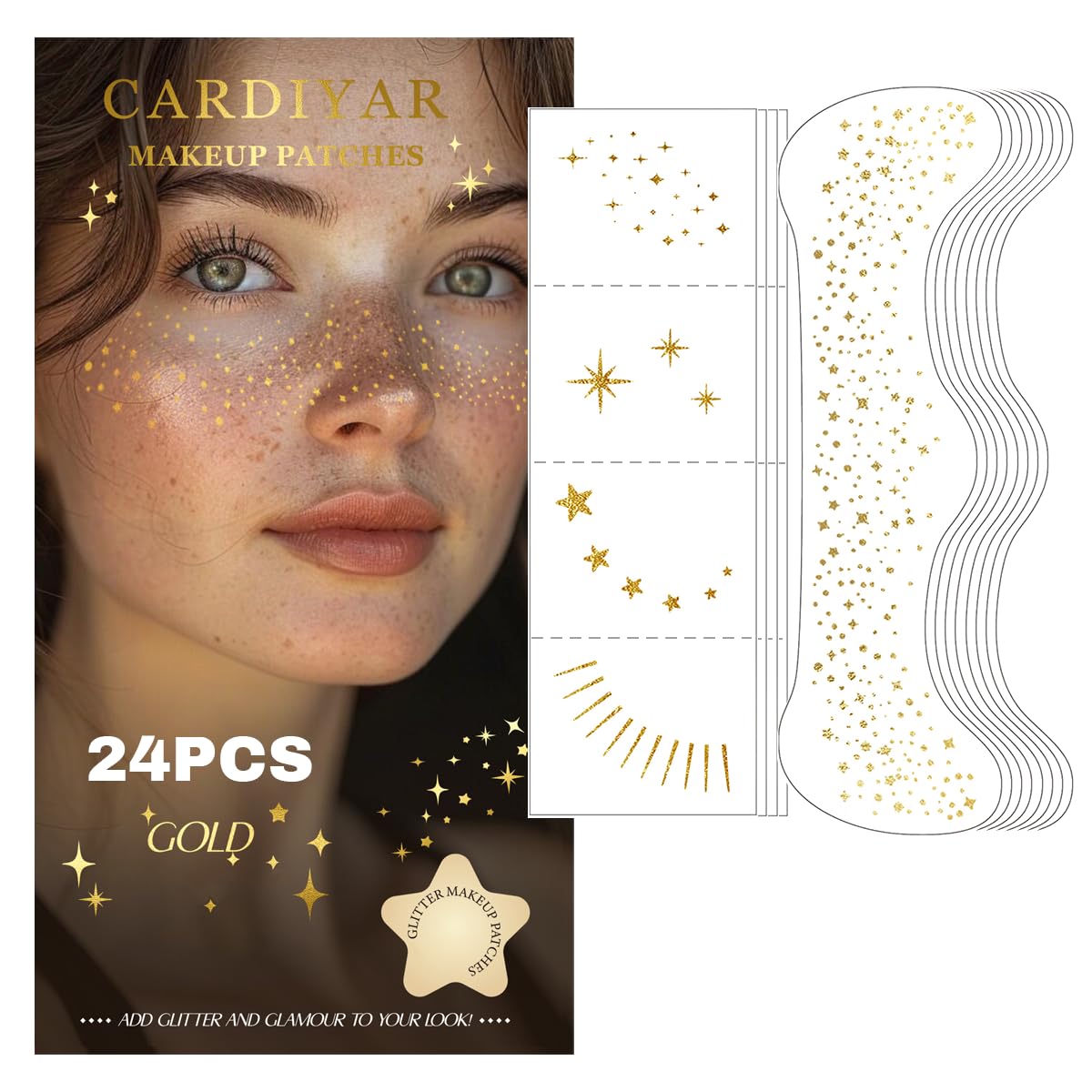 Cardiyar front packaging showing 24 gold glitter freckles, perfect for giftable sparkle