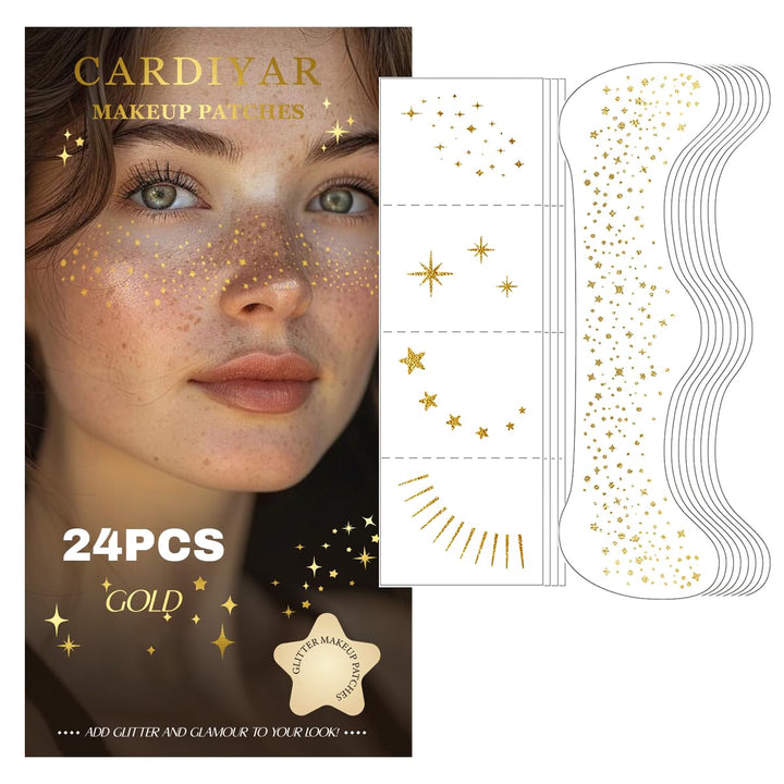 Cardiyar front packaging showing 24 gold glitter freckles, perfect for giftable sparkle