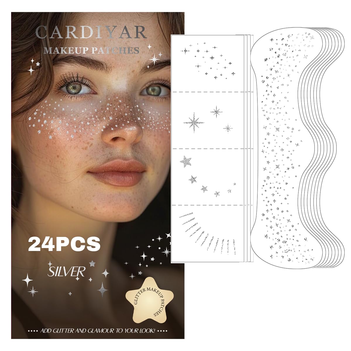 Cardiyar front packaging showing 24 glitter freckles and benefits