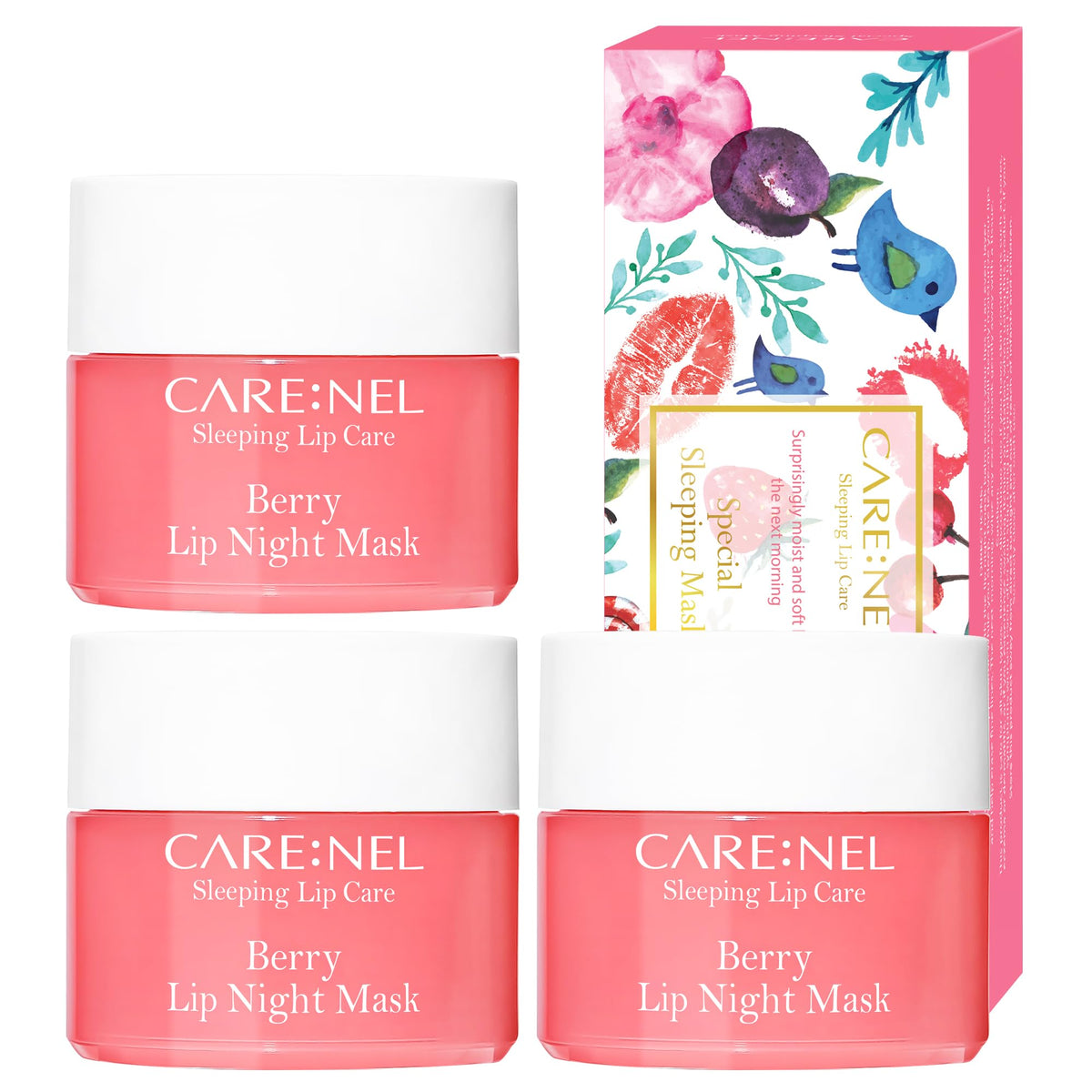 CARE:NEL front packaging showing three berry lip mask pots for travel convenience