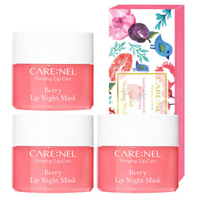 CARE:NEL front packaging showing three berry lip mask pots for travel convenience