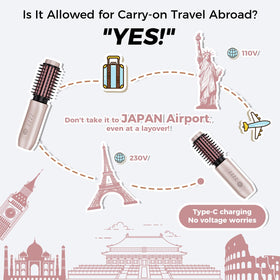 CARESKY brush held next to handbag showing compact travel-friendly size