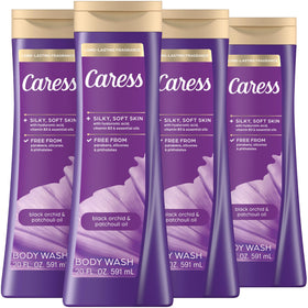 Caress bottle front packaging showing Black Orchid & Patchouli fragrance for luxurious scent
