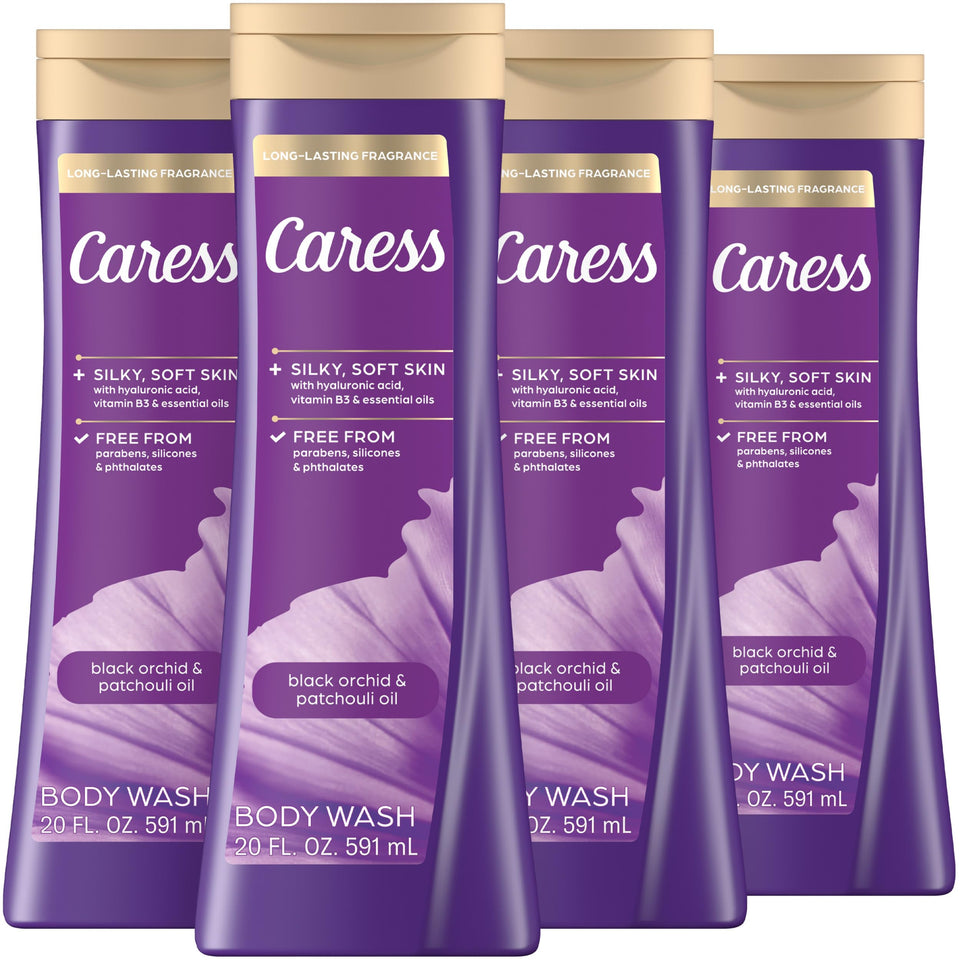 Caress bottle front packaging showing Black Orchid & Patchouli fragrance for luxurious scent