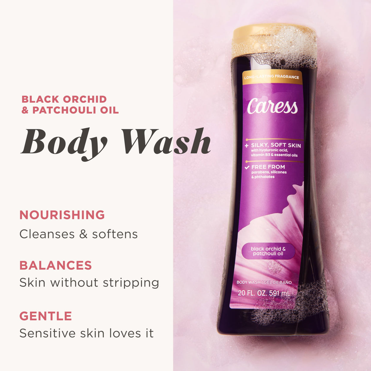 Close-up of Caress pump dispensing body wash highlighting ease of use and controlled dosing