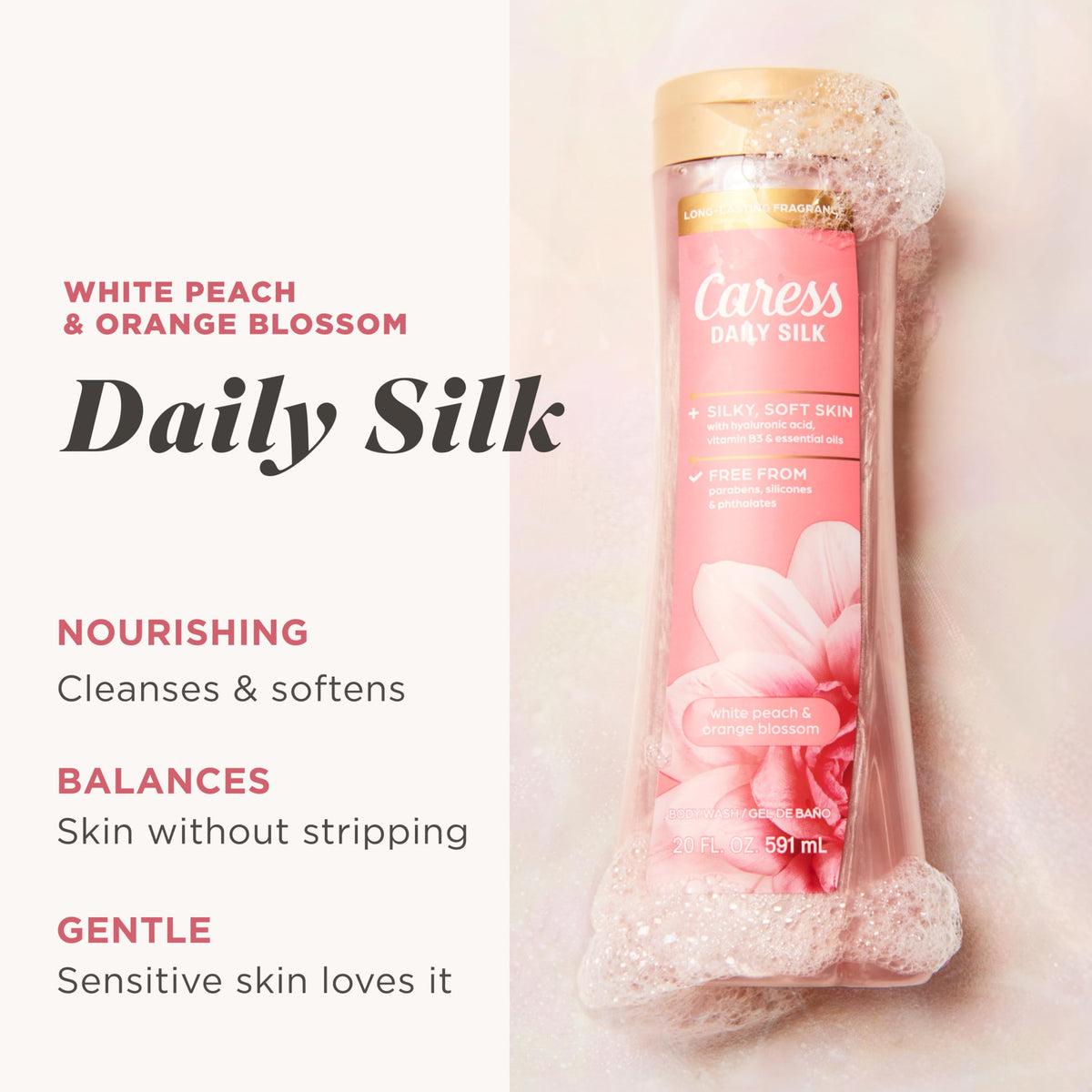 Close-up of Caress label and ingredients highlighting gentle, dermatologist-tested formula