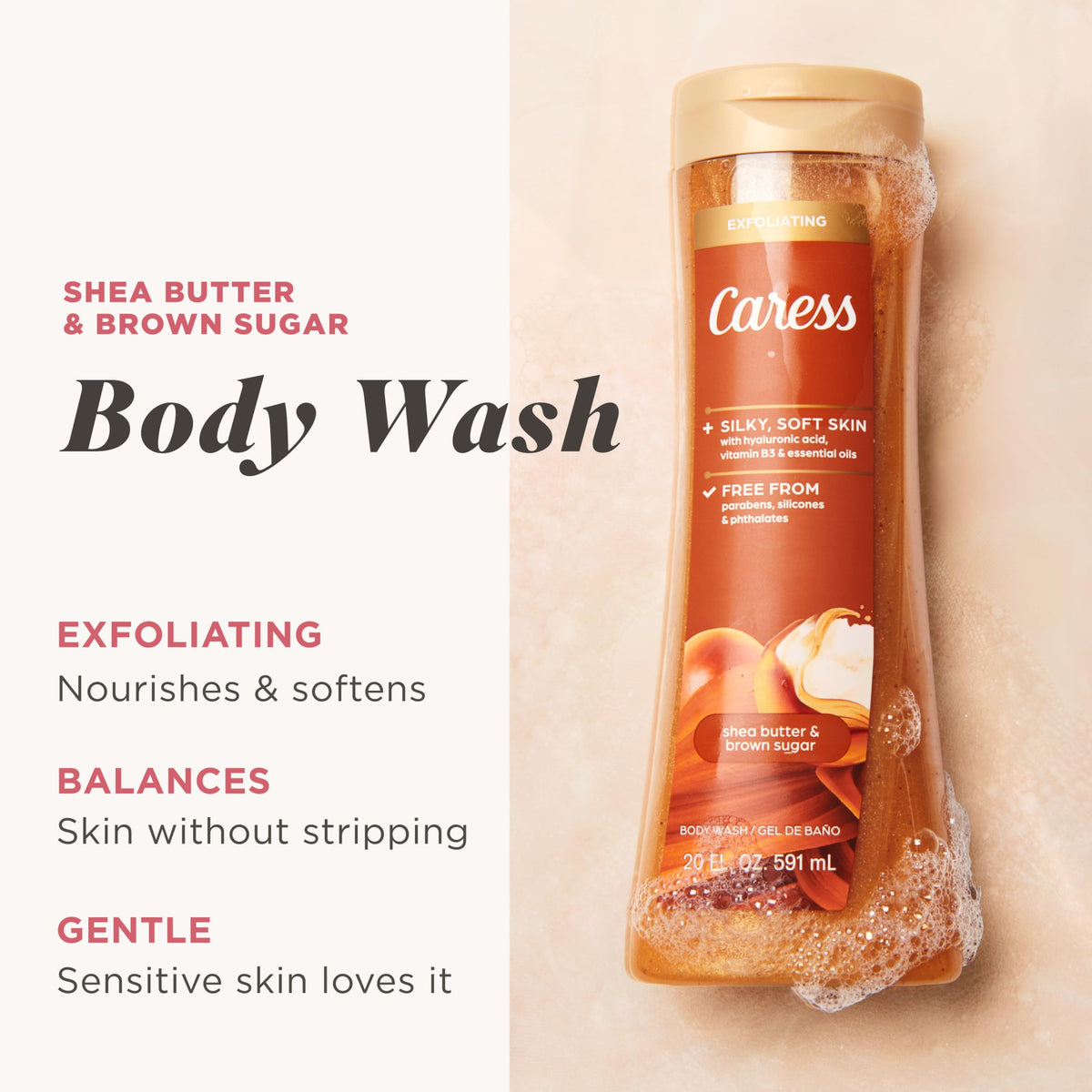 Close-up of Caress pump and creamy gel texture for easy dispensing