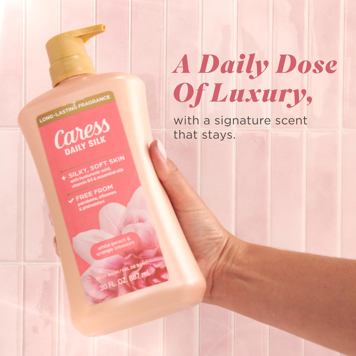 Caress back label close-up highlighting ingredient claims and safety